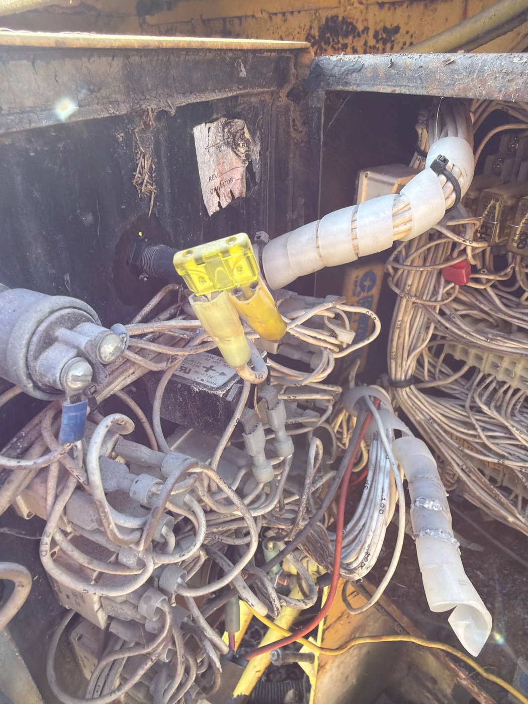 Inside the control box: relay bank, terminal strips, and a jumpered fuse position
