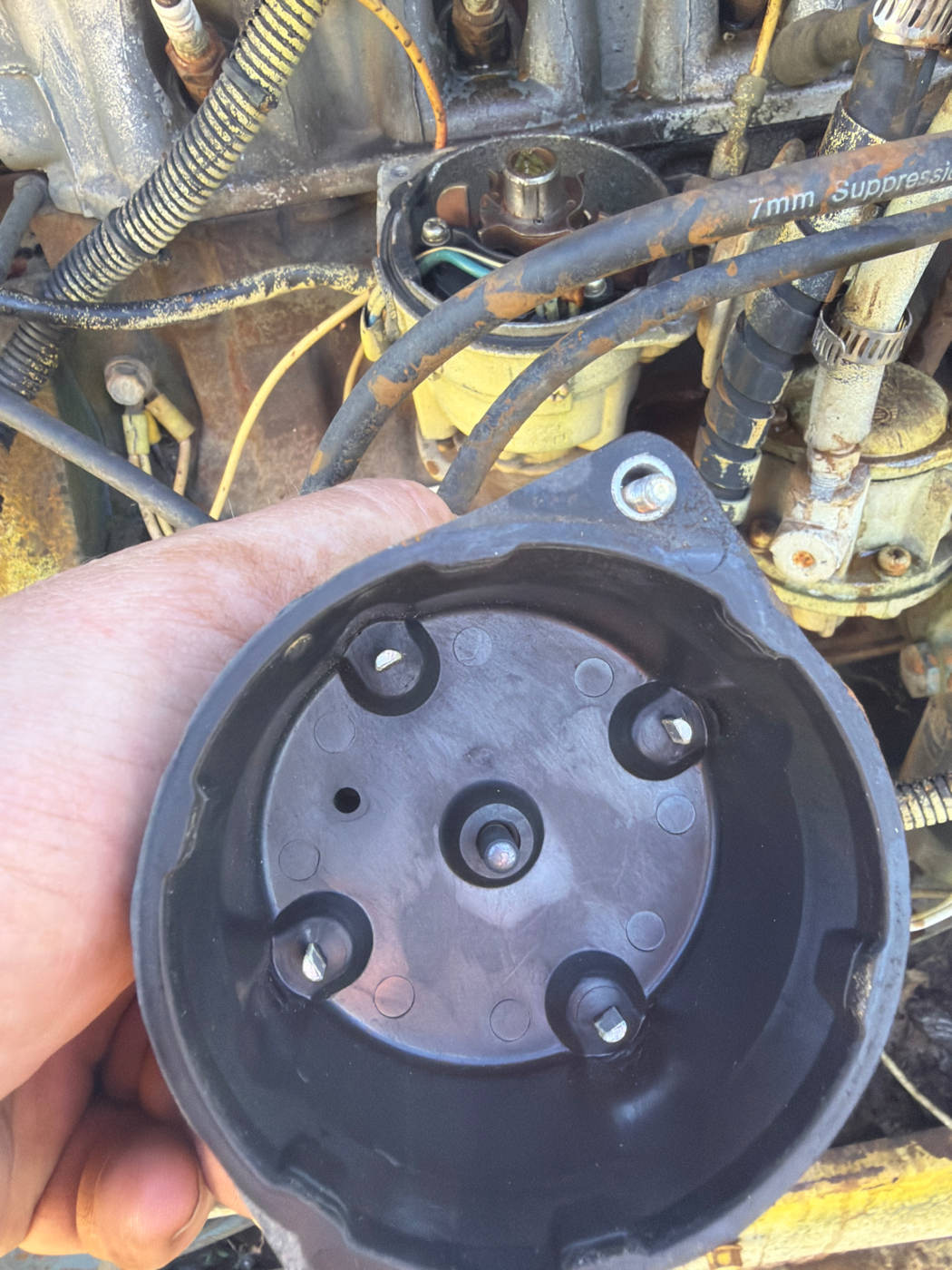 Inside face of the distributor cap: four evenly spaced electrodes, centre carbon button intact, no carbon tracking